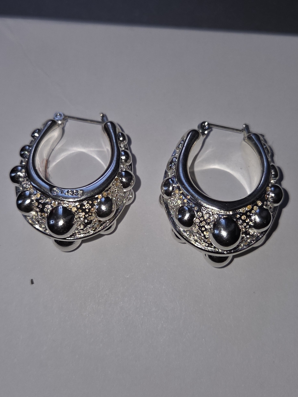 Sterling Silver Textured Beaded Hoop Earrings - Silver